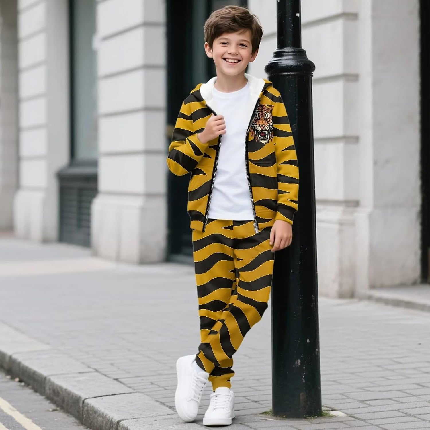 Boys Tiger Striped 2 Piece Long Sleeve Hooded Sweatshirt Jogger Pants Set Fall Winter Tracksuit for Kids 6-15Y