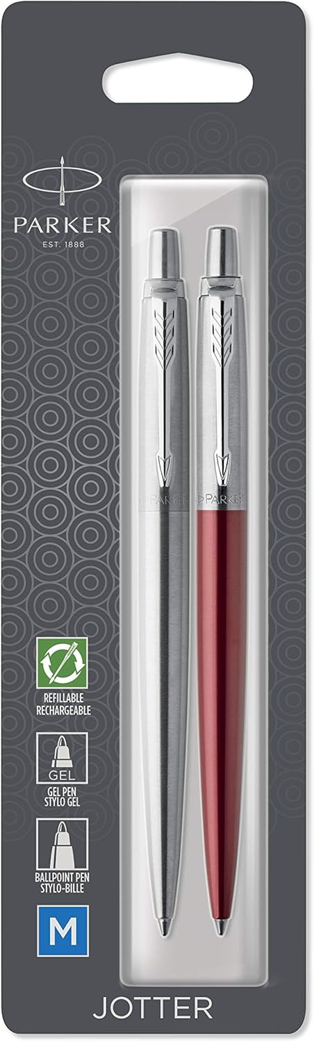 Parker Jotter London Duo Discover Pack: Stainless Steel Ballpoint Pen, Blue Ink & Red Kensington Gel Pen, Black Ink