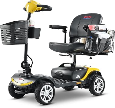 4 Wheel Foldable Electric Mobility Scooter for Seniors, 300 lbs Compact Heavy Duty Mobile, Long Range Power Extended Battery with Thickened Seat&Front LED Light for Travel,Elder,Adult -Yellow