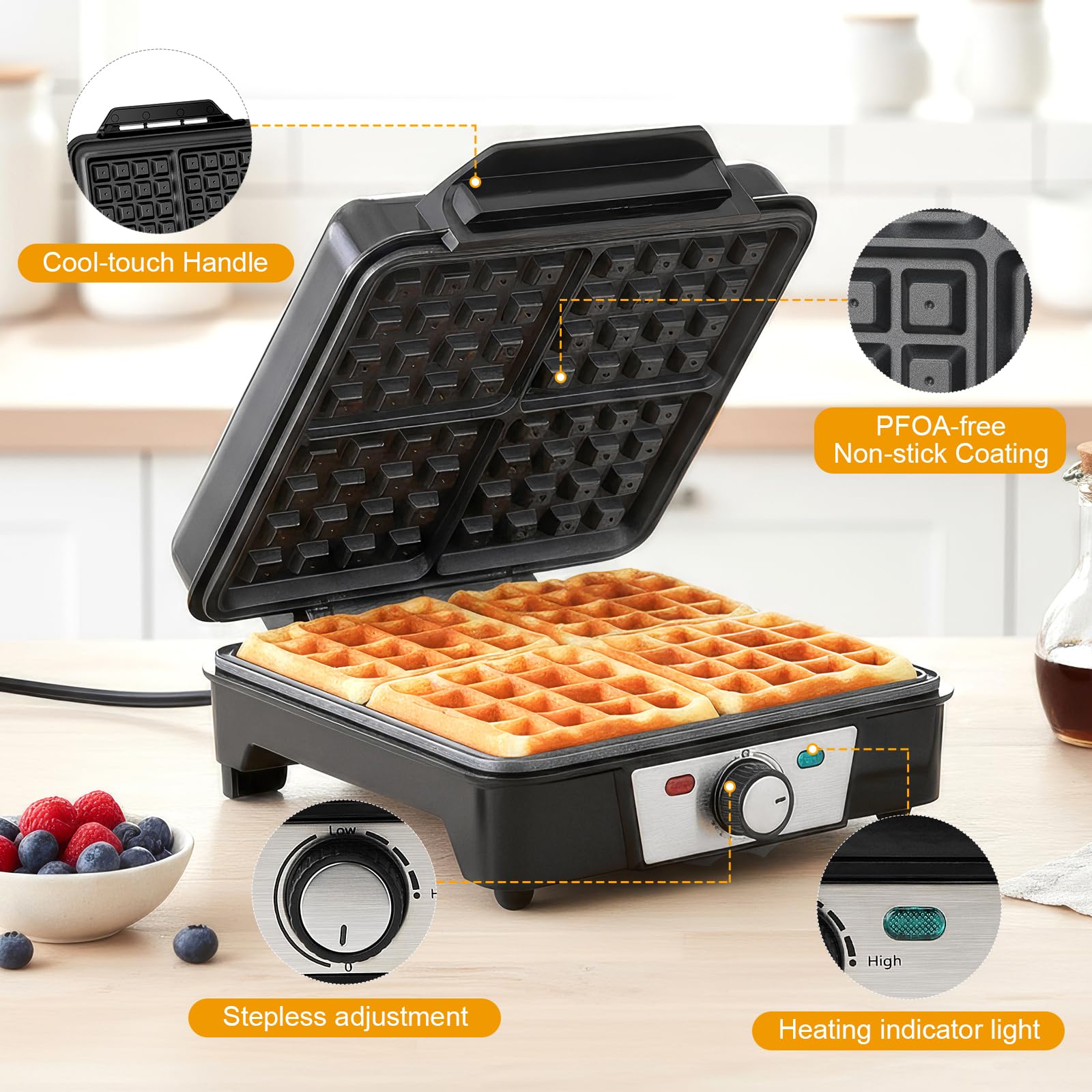 Cozary Gofrera Maquina de Gofres Waflera Antiadherente 1200W Hace 4 Gofres Belgas Temperatura Ajustable Acero inoxidable Diseño Compacto