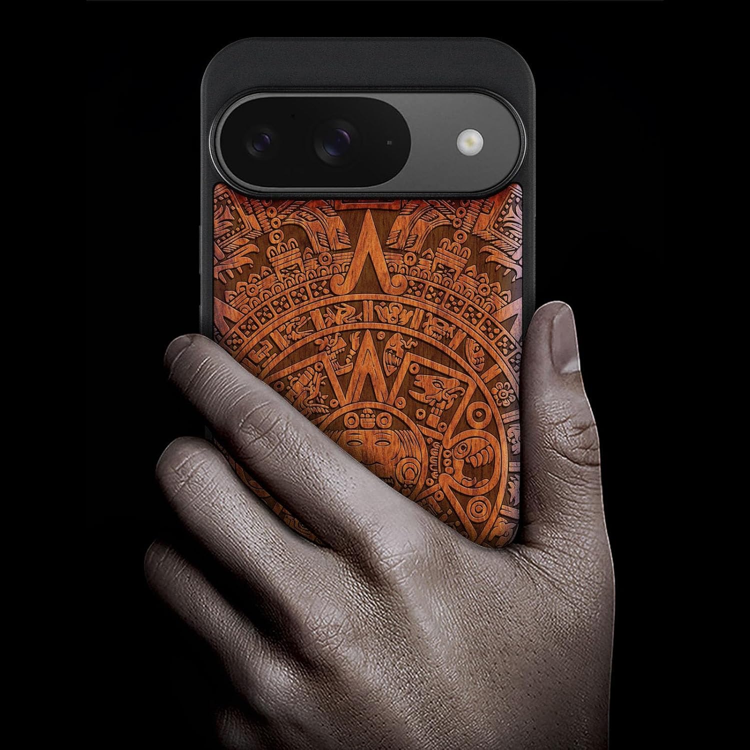 Carveit Magnetic Wooden Case for Google Pixel 9 Case, Wood Artisan Engraved & Soft TPU Shockproof Cover, Compatible with MagSafe Wireless Chargers (The Maya Calendar) Rosy