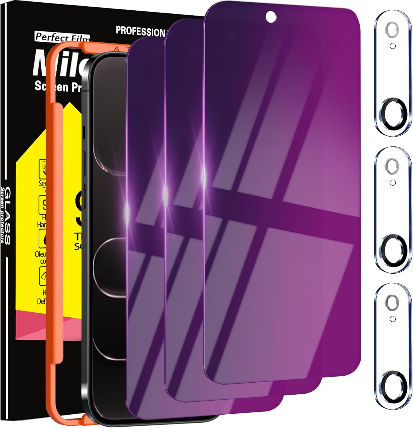 Milomdoi 3 Pack Gradient Colorful Privacy Screen Protector for iPhone Air [Anti-Blue Light Private Film for 17 Air], 3 Pacs Camera Lens Protector Accessories, Case Friendly, Tempered Glass,Purple