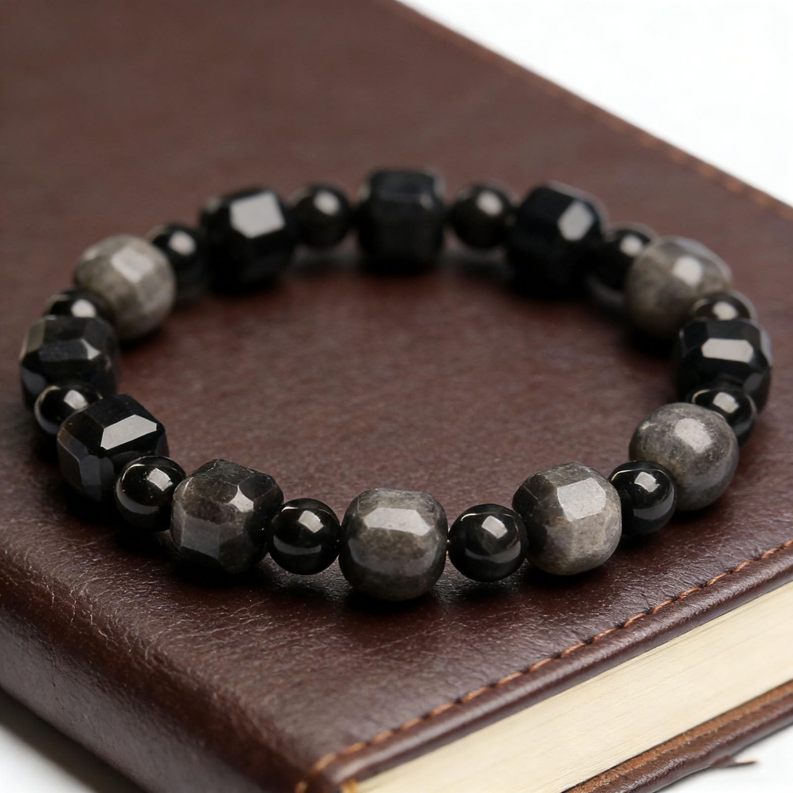 Bracciale Chakra della radice di Ossidiana Nera, Braccialetti Elasticizzati in Vero Vetro vulcanico Bracciale con Pietra di Messa a Terra per la Pulizia della stabilità, Gioielli,9MM
