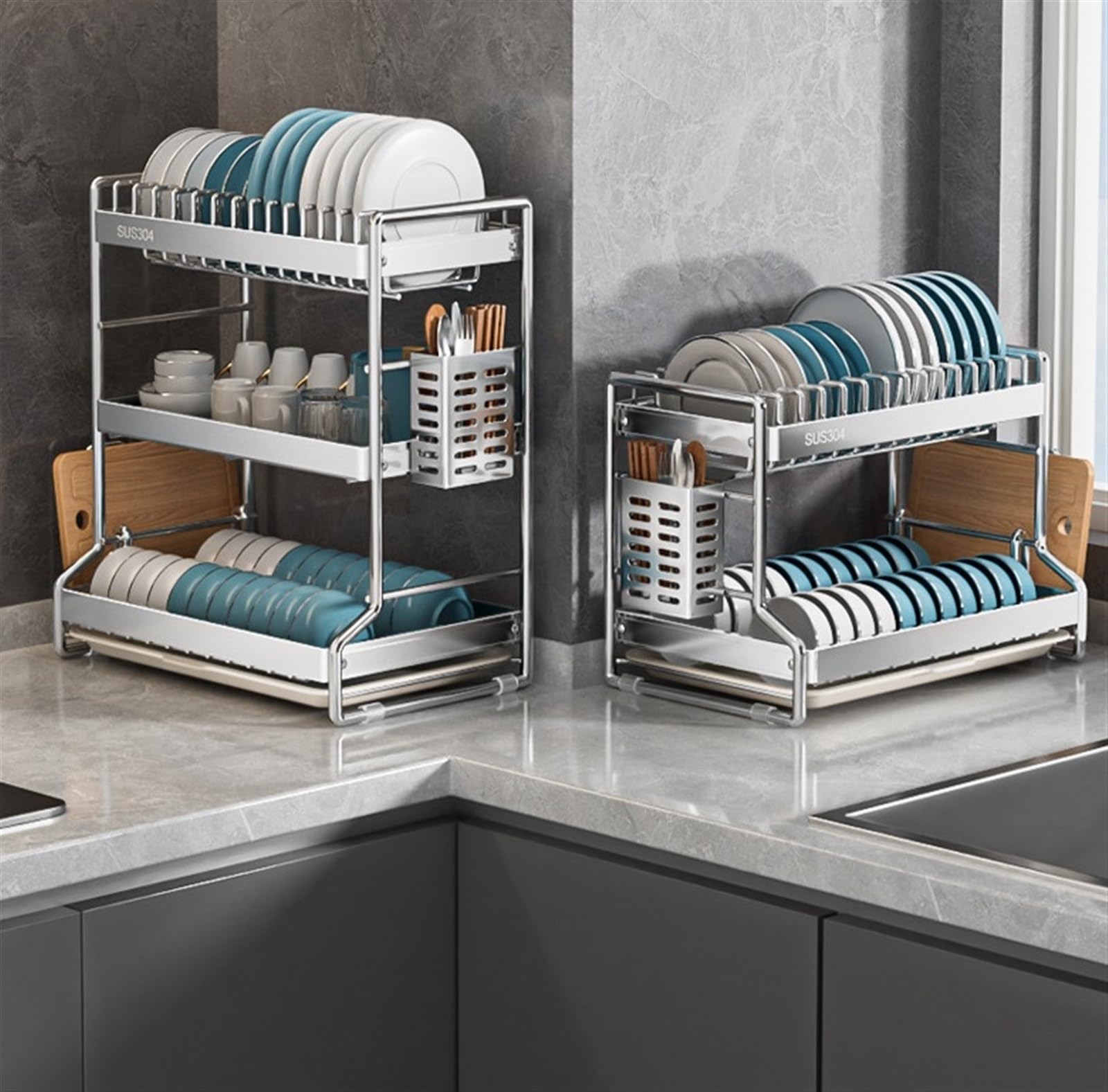 Escurreplatos De Cocina Escurreplatos De 3 Niveles con Soporte para Utensilios, Soporte para Tabla De Cortar Y Escurridor De Platos para Cocina Escurridor De Platos(42 * 24.5 * 30cm)