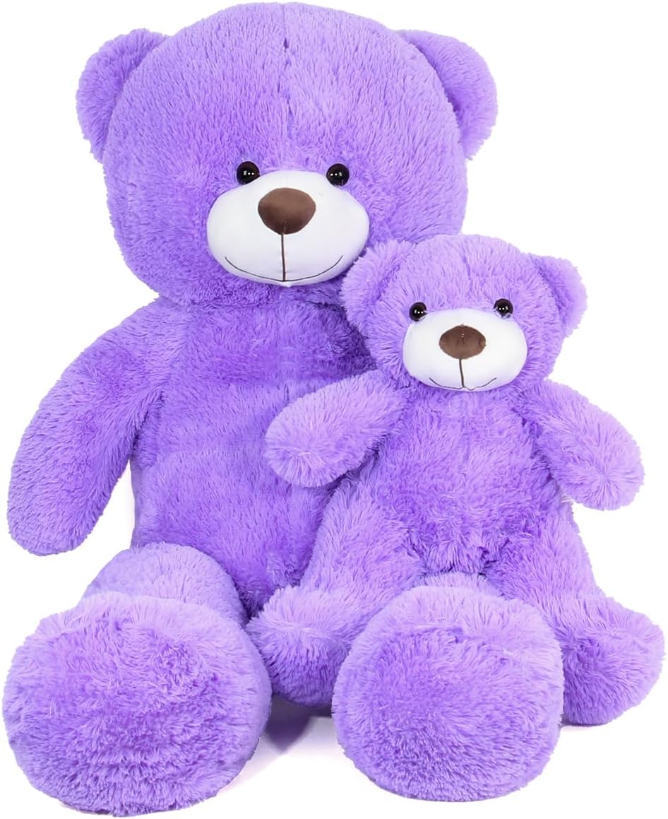 2-in-1 Teddy Bear Plush Set, 39.4 inch Large & 17.7 inch Small, Stuffed Animal with Hidden Storage (Purple)