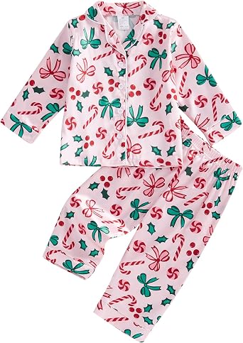 Kayotuas Kids Christmas Pajamas Girls Gingerbread Elf Candy Cane Feather Trim Shirt & Pants Cute Toddler Pajama Set Sleepwear