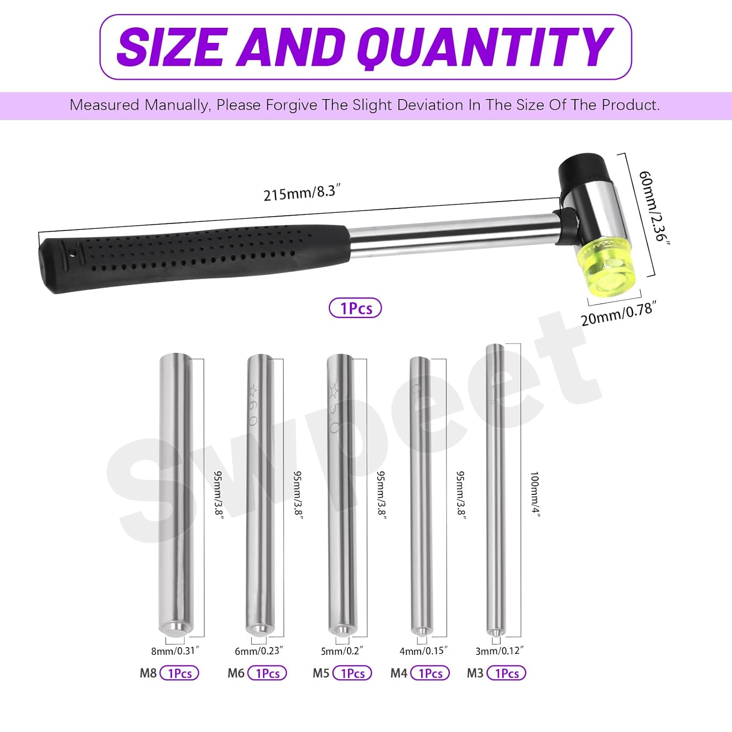 Swpeet 6Pcs 5 Sizes Manual Rivet Punch with Double Faced Rubber Hammer Assortment Kit, Roll Pin Punch with Hammer Set Manual Rivet Tool for Clothes/Bags Rivet Installation
