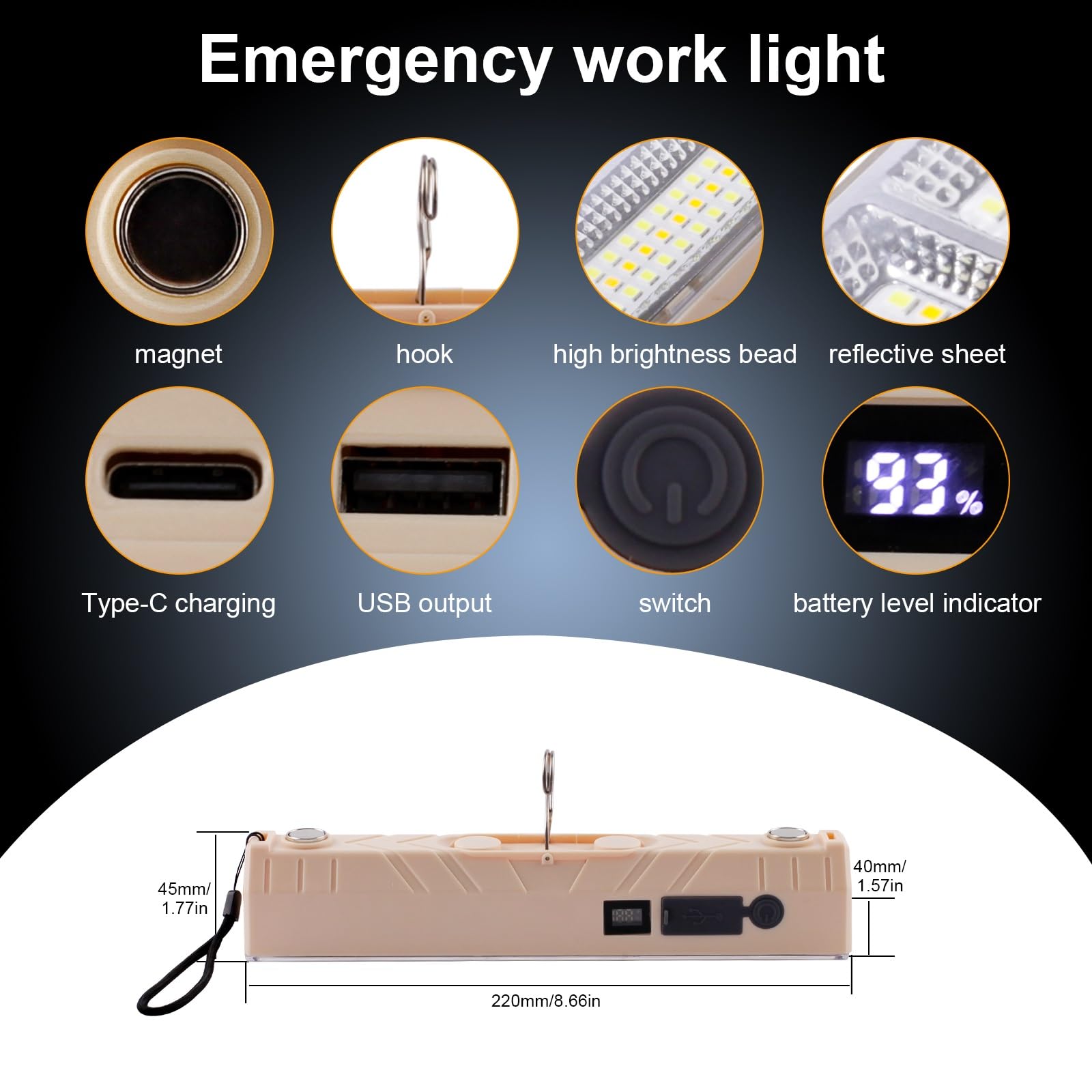 CREATESTAR Lampe de Travail Rechargeable 22cm, Lampe de Poche 5 Modes Baladeuse LED avec Base Magnétique et USB rechargeable pour Garage tente Auto Camping Urgence jardin cour