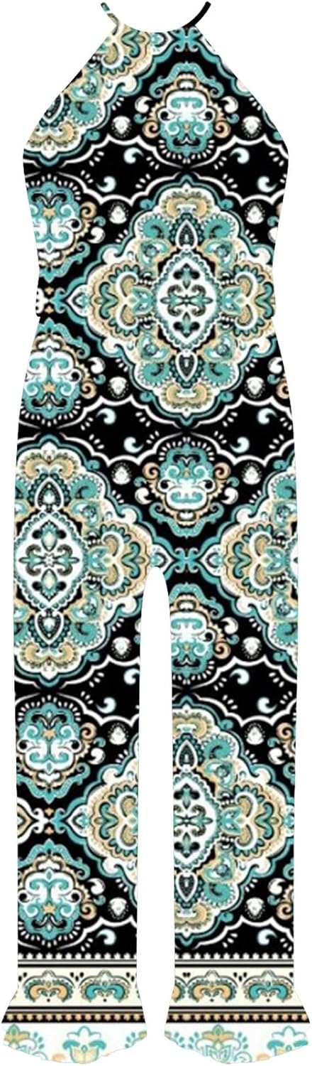TiaoBug Kids Girls Summer Boho Romper Sleeveless Halter Neck Floral Print Ruffle Hem Belt Flare Leg Jumpsuit Playsuit