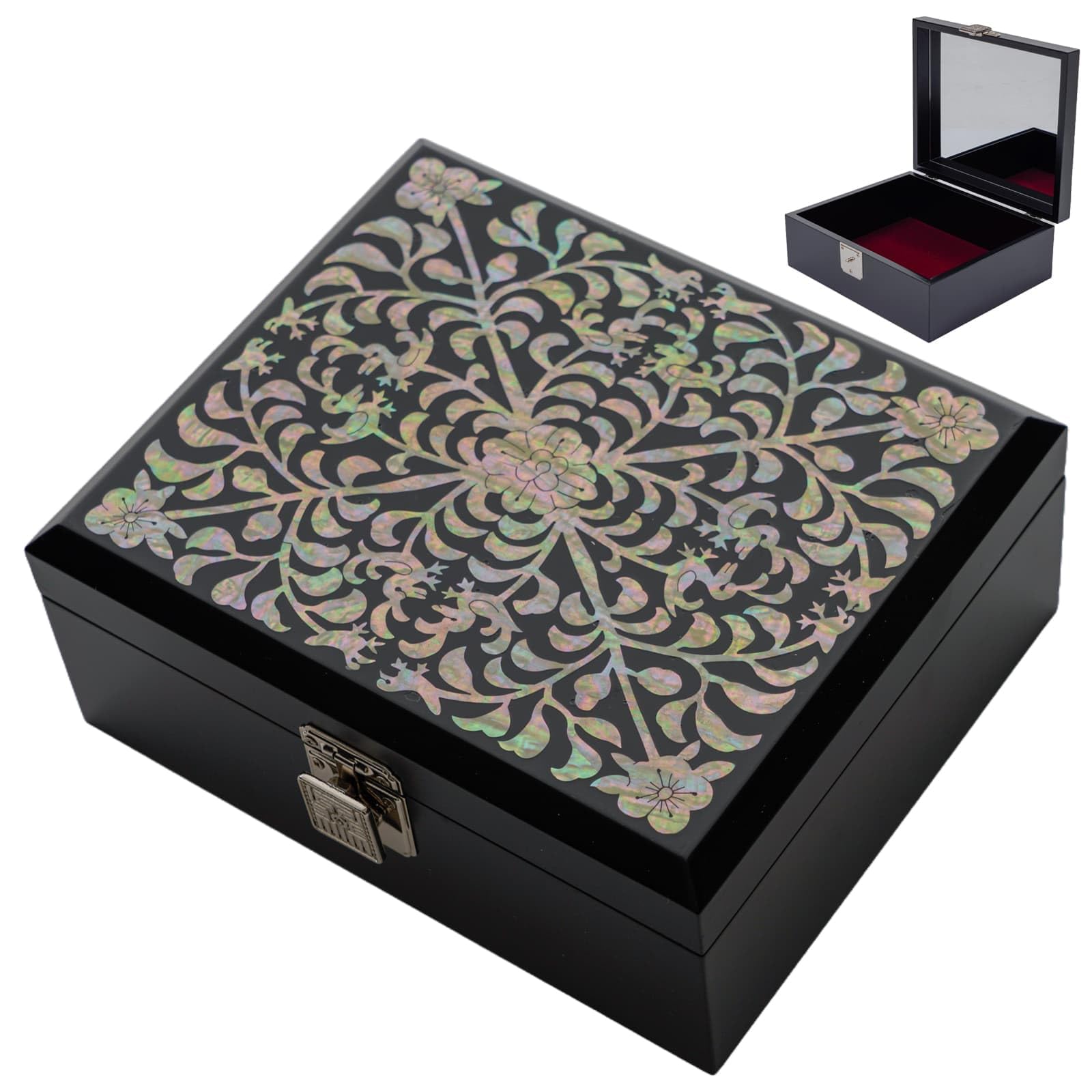 February Mountain Mother of Pearl Large Wooden Keepsake Box with Hinged Lid - Handcrafted Decorative Boxes with Lids for Home Décor