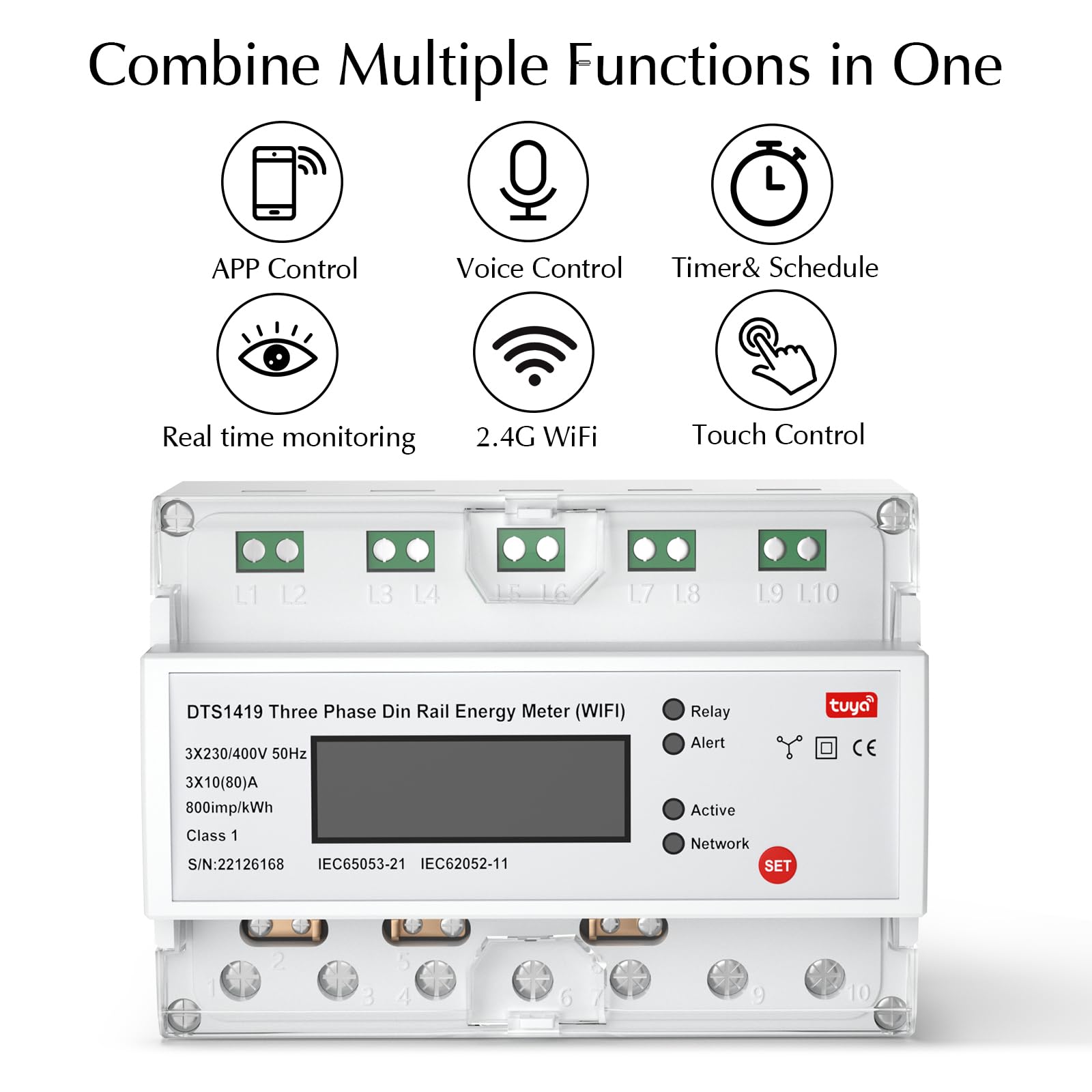 eMylo Misuratore di energia WiFi intelligente, contatore digitale LCD a 3 fasi su guide DIN, misuratore di consumo di energia, 80A 230-400V, supporto Alexa Google Assistant App Controllo remoto per ca