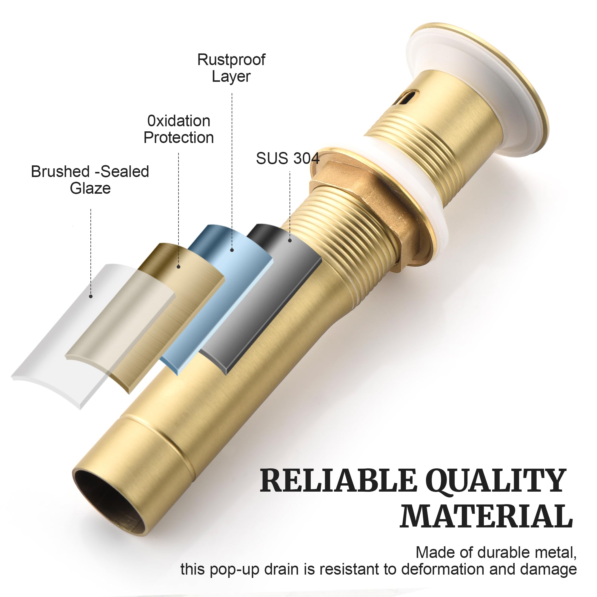 Bathroom Sink Drain Kit With Brass Pop-Up Stopper & Flexible ABS Pipe – Anti-Odor, Easy Install, Fits 1.61-2.44 Inch Sinks