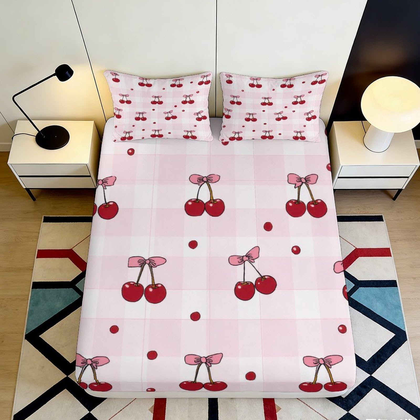 3D Printed Cherry Pattern Fitted Sheet Microfiber Full Wrap Non-Slip Deep Pocket Cherry Mattress Fitted Cover for Bedroom 180x200x25cm