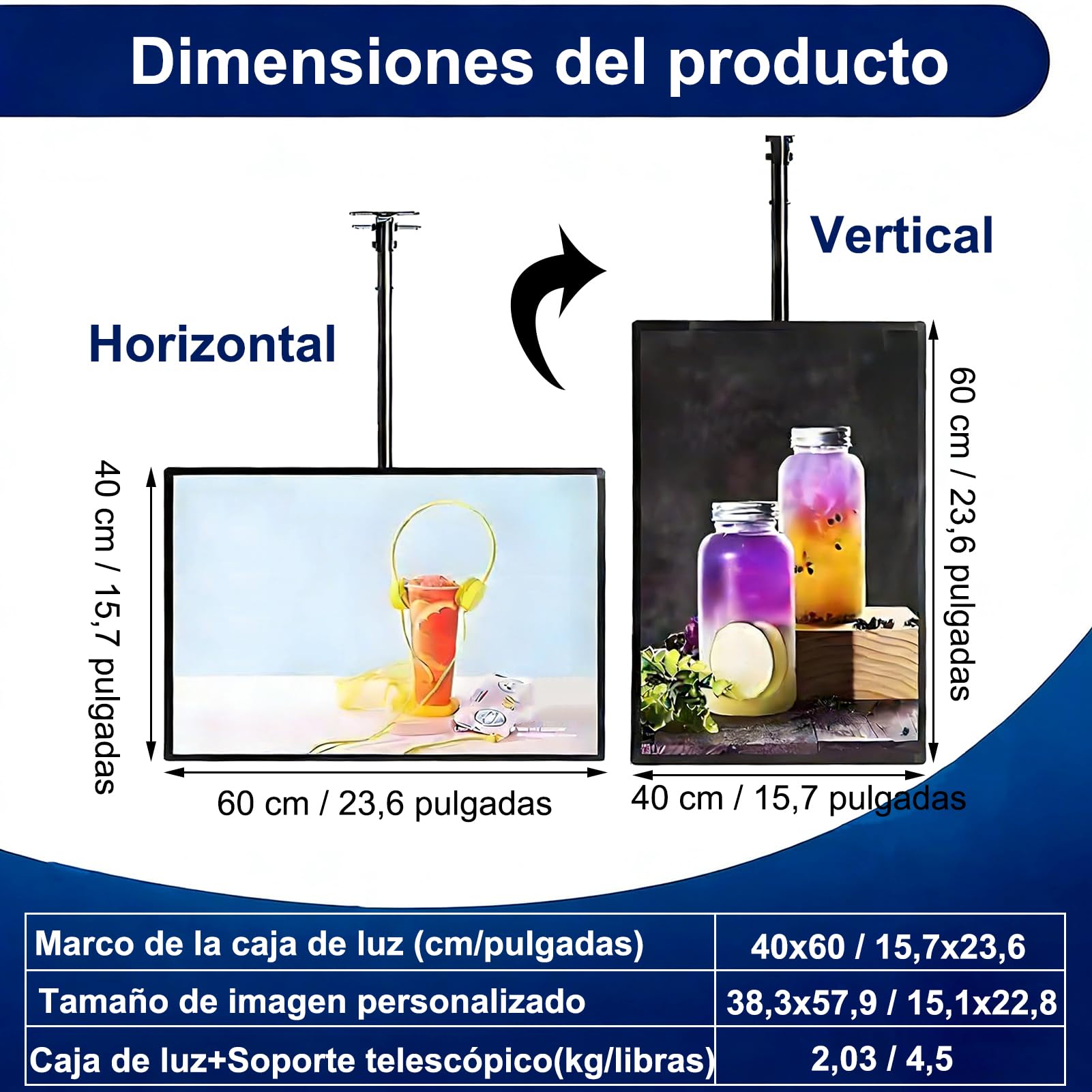HJZALMI Caja de luz LED para menús de montaje en pared, 40x60cm | Expositor de carteles LED ultrafino, Tablero de menús iluminado con poste telescópico para cafeterías y locales bebidas