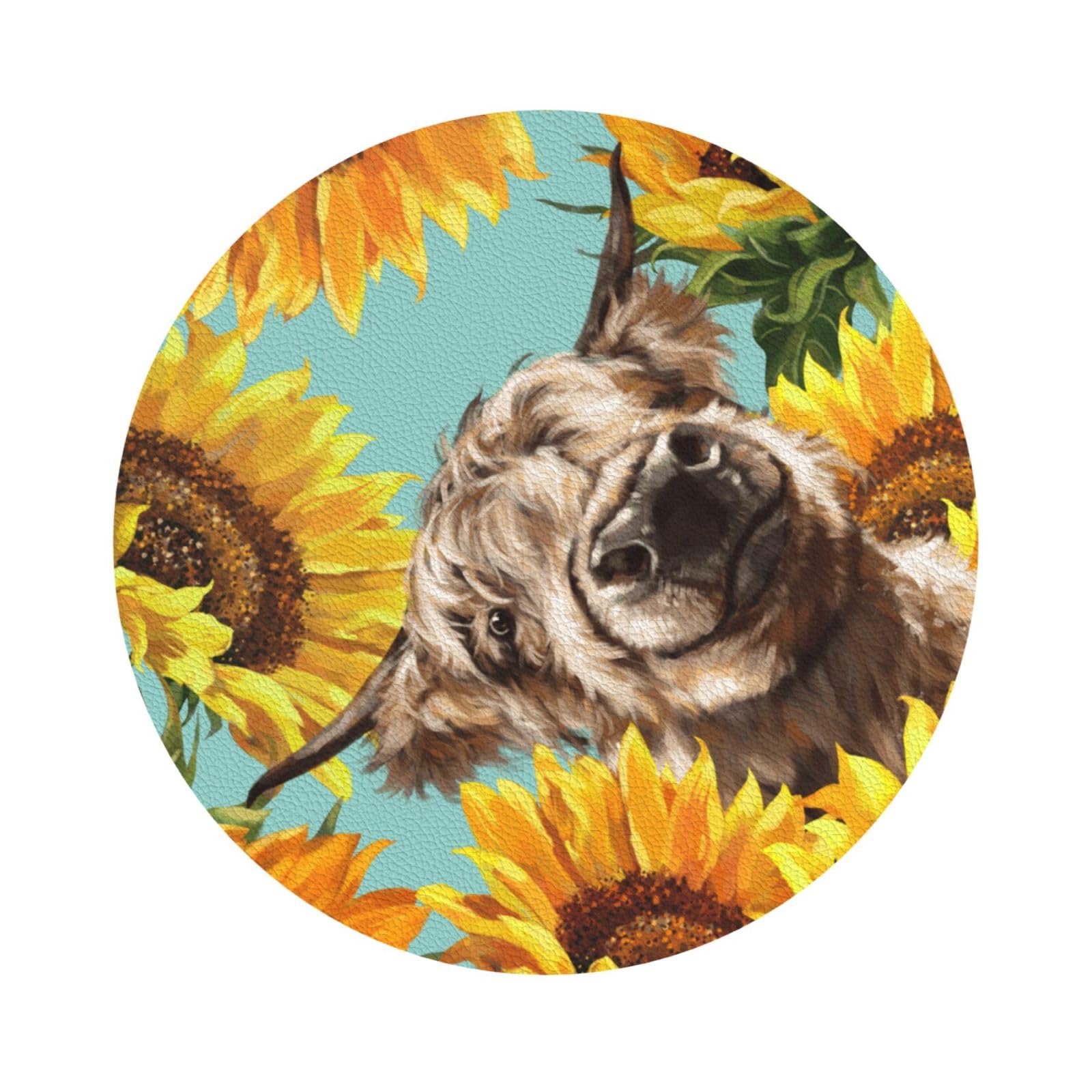 Cow with Sunflowers in Blue PU Leather Coasters Set of 6 Round Drink Coasters
