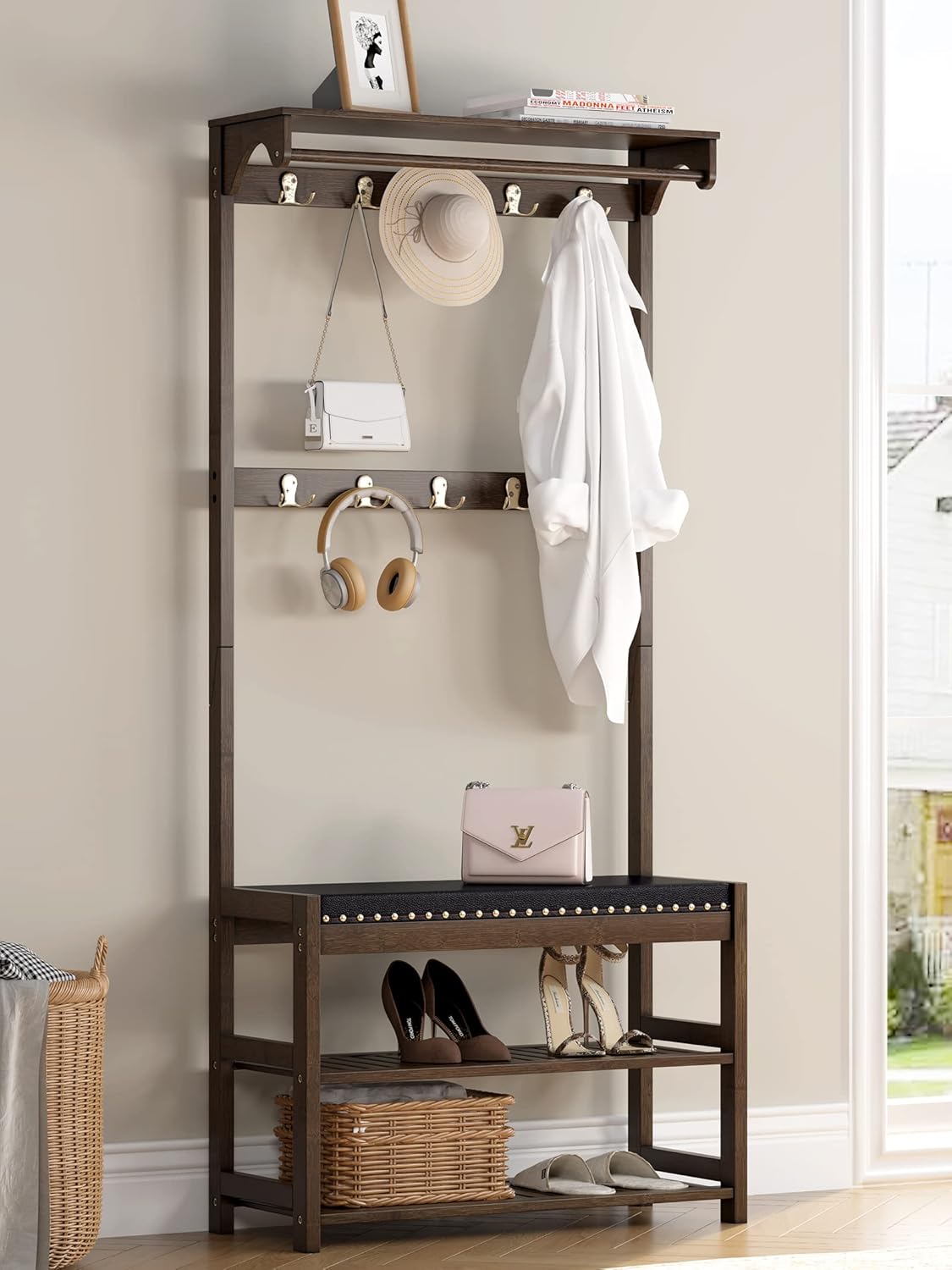 SEIRIONE Coat Rack with Shoe Bench Furniture, Bamboo Hall Tree Storage Organizer for Entryway with Faux Leather Cushion, 4 In 1 Design, 10 Double Hanging Hooks, 31.5 Inch Wide : Home & Kitchen