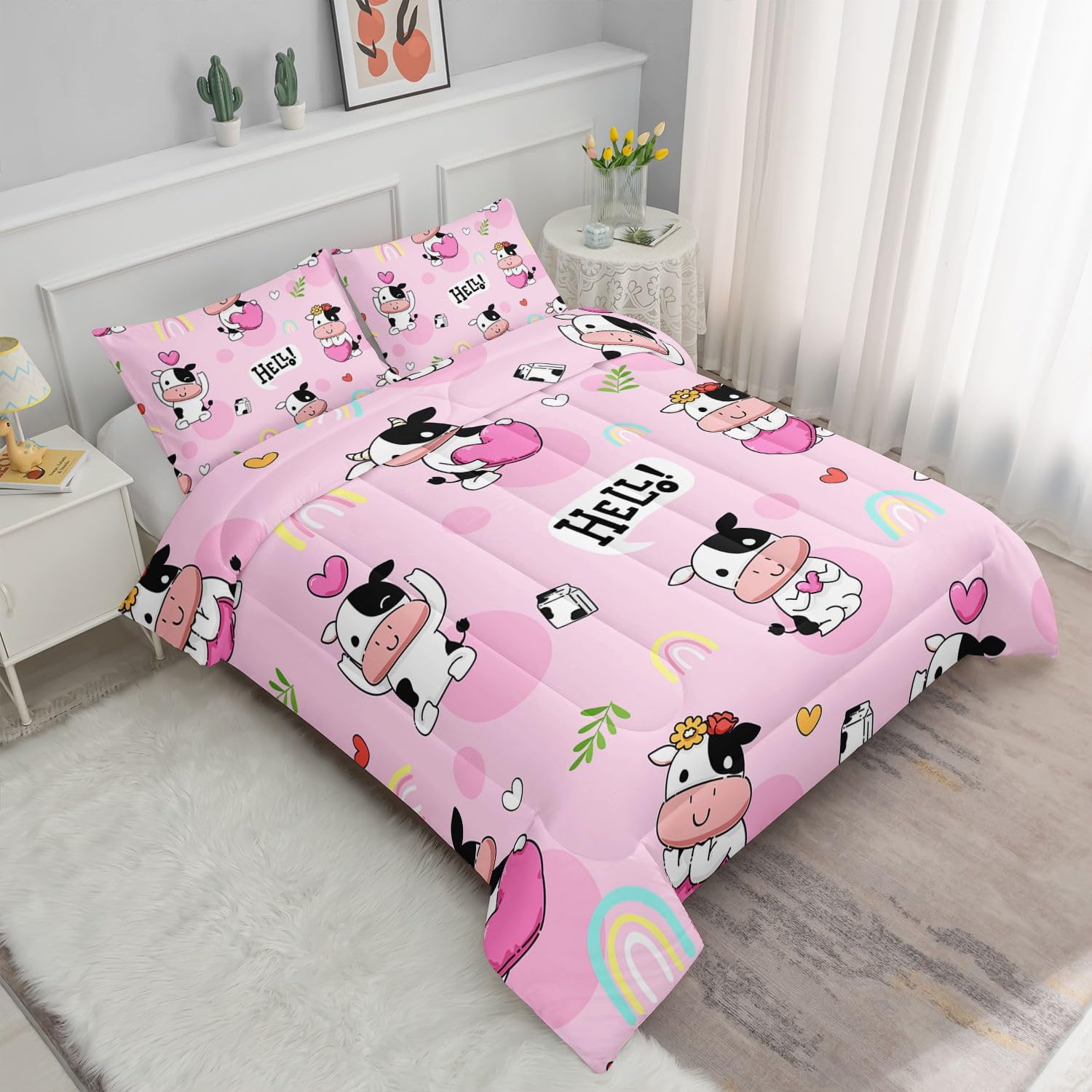 Kids Comforter Set Cartoon Cow Printed Pattern Bedding Set with 1 Comforter and 2 Pillowcases for Girls Boys Bedroom All Season(Cow1 Queen)