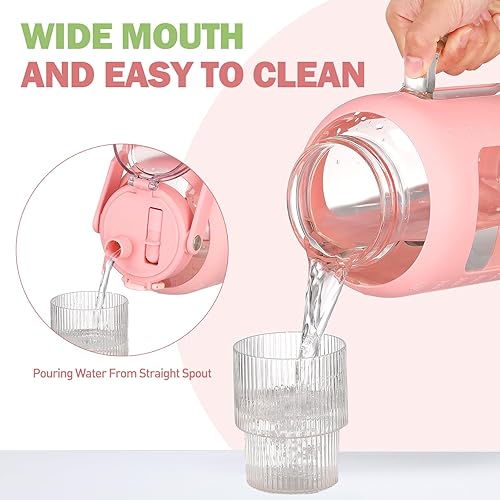 Miniatura 2 de Botella de agua de vidrio de 64 onzas, vasos de vidrio con popote y asa, taza con funda de silicona, botella de agua de boca ancha de medio galón