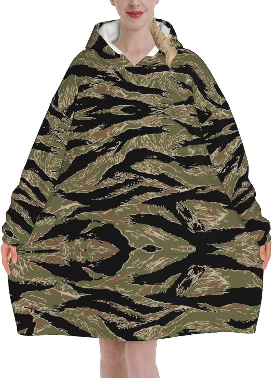 Tiger Stripe Camo Print Blanket Hoodie Fleece Sweatshirt Blanket With Sleeves And Pockets