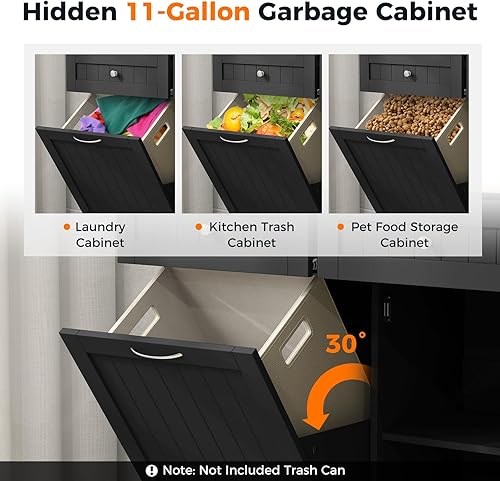 Miniatura 5 de Armario de basura inclinable, isla de cocina con 2 cajones y estante ajustable, encimera de madera de goma, cesta de lavandería independiente,