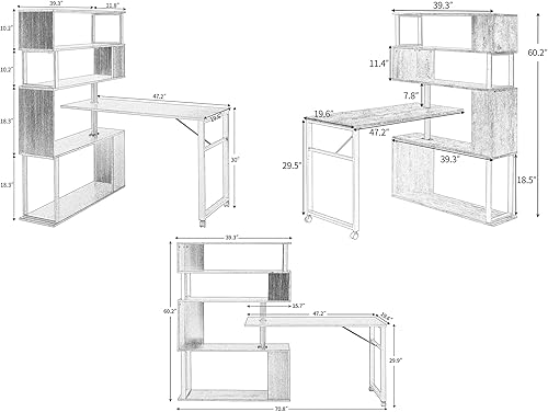 Miniatura 2 de kevinplus Escritorio de esquina en forma de L, escritorio giratorio para computadora, escritorio moderno y resistente con estantería de 5 niveles