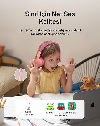 Belkin SoundForm Mini Kids Kablolu Kulaklık (Pembe) – USB-C + 3,5 mm Adaptör, Dahili Mikrofon, 85 dB Ses Sınırı, Eğlenceli Çıkartmalar, iPhone, iPad, Galaxy Uyumlu