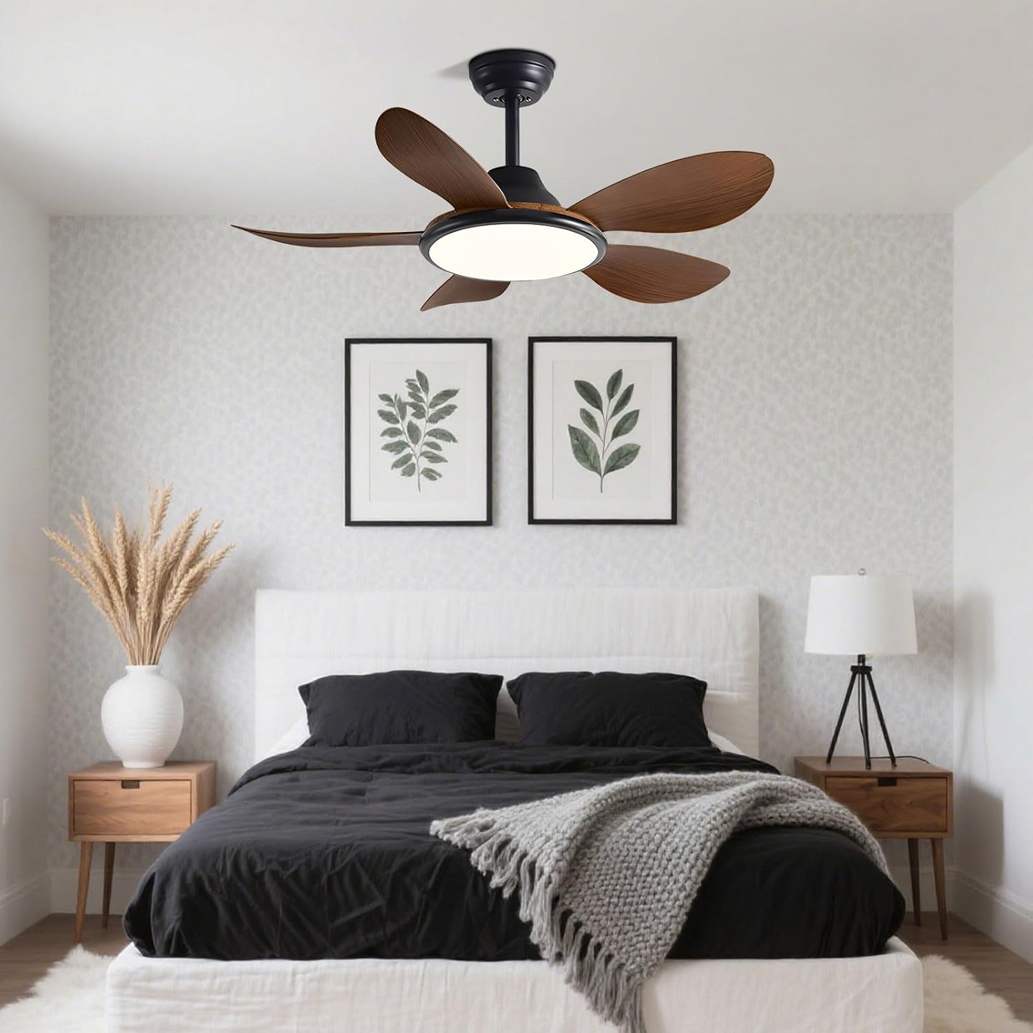Modern Remote Ceiling Fan with Light Indoor Energy Efficient Ceiling Fans with Walnut Wood Color ABS Blades, 6 Speeds, Timer Ceiling Fan Lights for Bedroom Dining Room Living Room