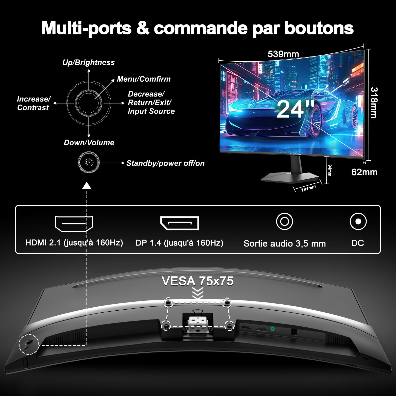 Minifire Ecran PC Gamer Incurvé 24 Pouces 160Hz FHD 1920x1080 1ms MPRT 110% sRGB 1500R Pied en métal Adaptive Sync VESA 100x100mm Inclinaison réglable HDMI2.0 DP1.4