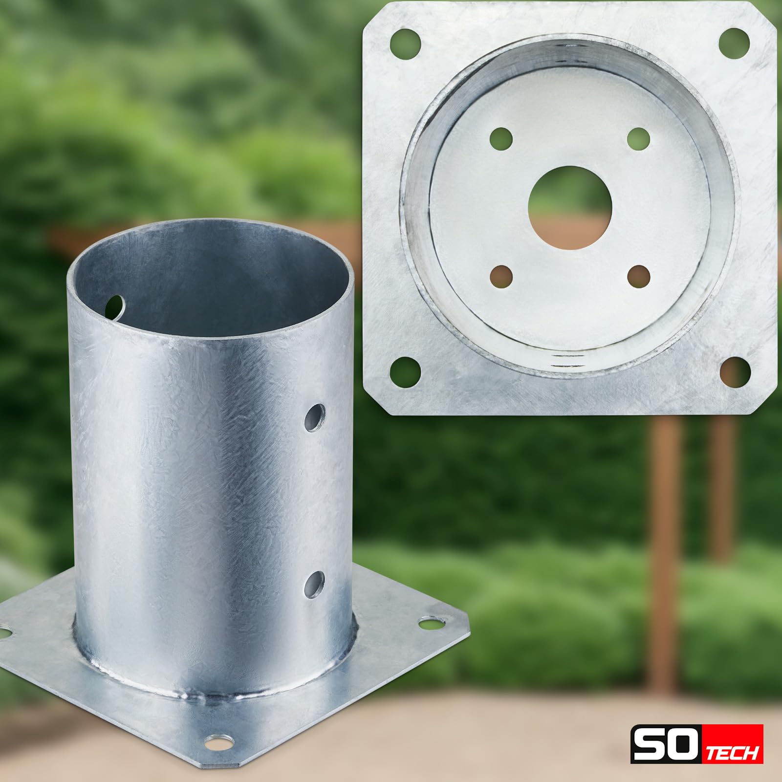 SOTECH JUEGO de 2 anclajes roscados, redondos Ø 100 mm, 152 mm de altura, acero galvanizado en caliente, toma de tierra para madera redonda - ideal para uso en exteriores