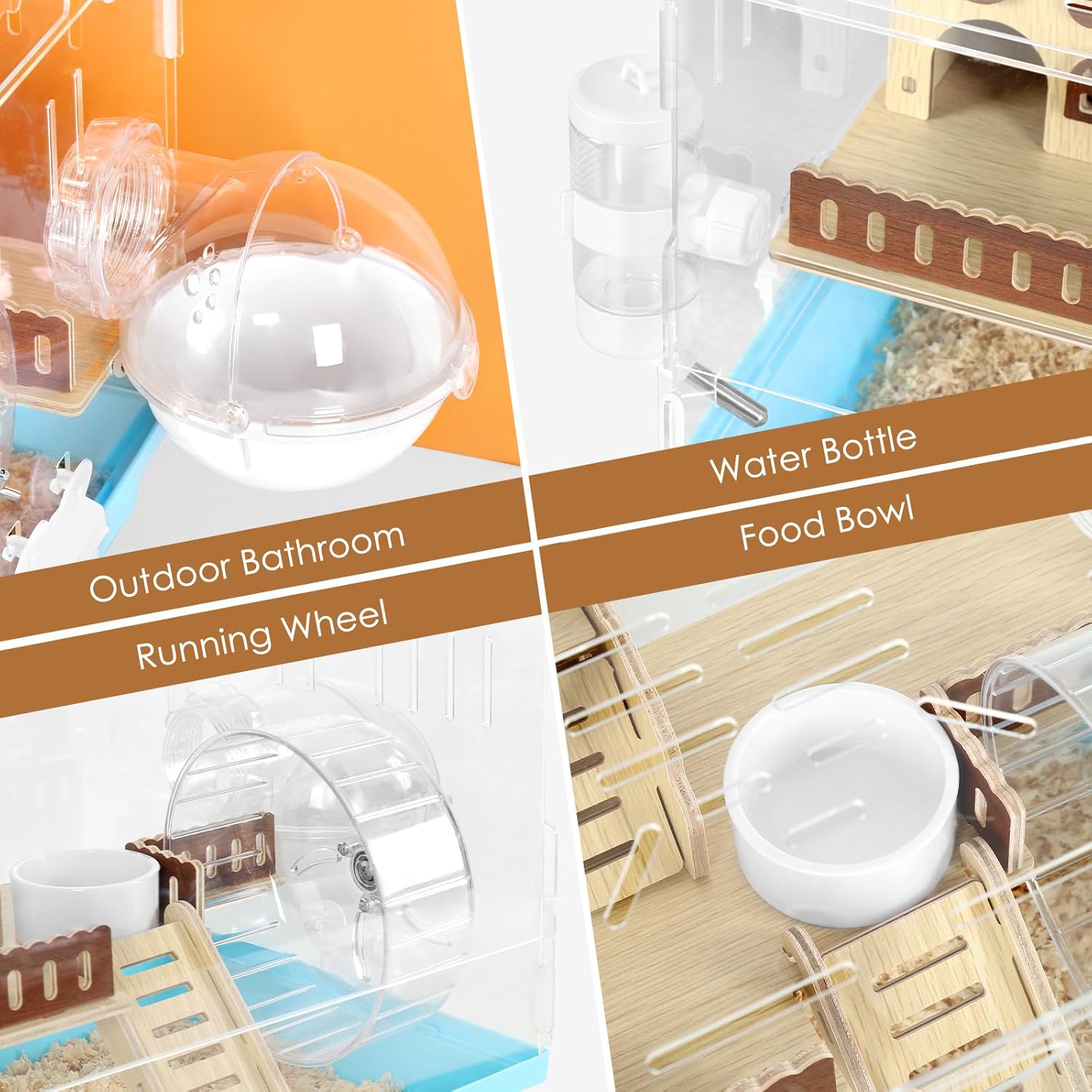 Acrylic Hamster Cage Small Hamster Habitat 360 Viewing Hamster Enclosure with Running Wheel & Hideout for Dwarf, Guinea Pig, Gerbils, Blue, 13.3" L*10.2" W*12.4" H