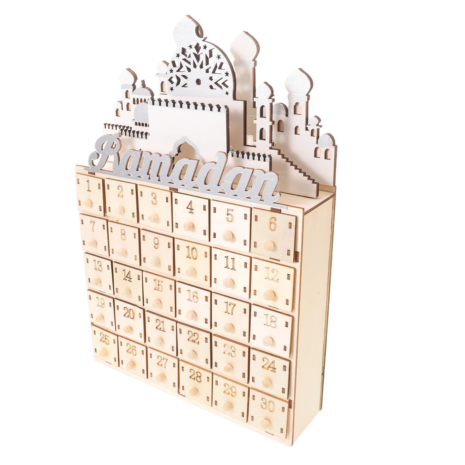 Cabilock Kalender und LED Beleuchtung Holz Ramadan Countdown mit 30 Kleiner Schubladen Beige Festivaldekoration für Ramadan und Eid Mubarak als Party und Wohnaccessoire