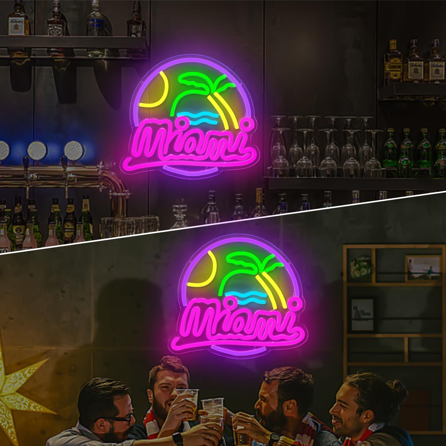 Miami Neon Sign Dimmable Led Palm Tree Sunset Sunrise Neon Light Signs for Wall Decor, Miami Wave Island Neon Lights for Beach, Vacation, Party, Room, Man Cave