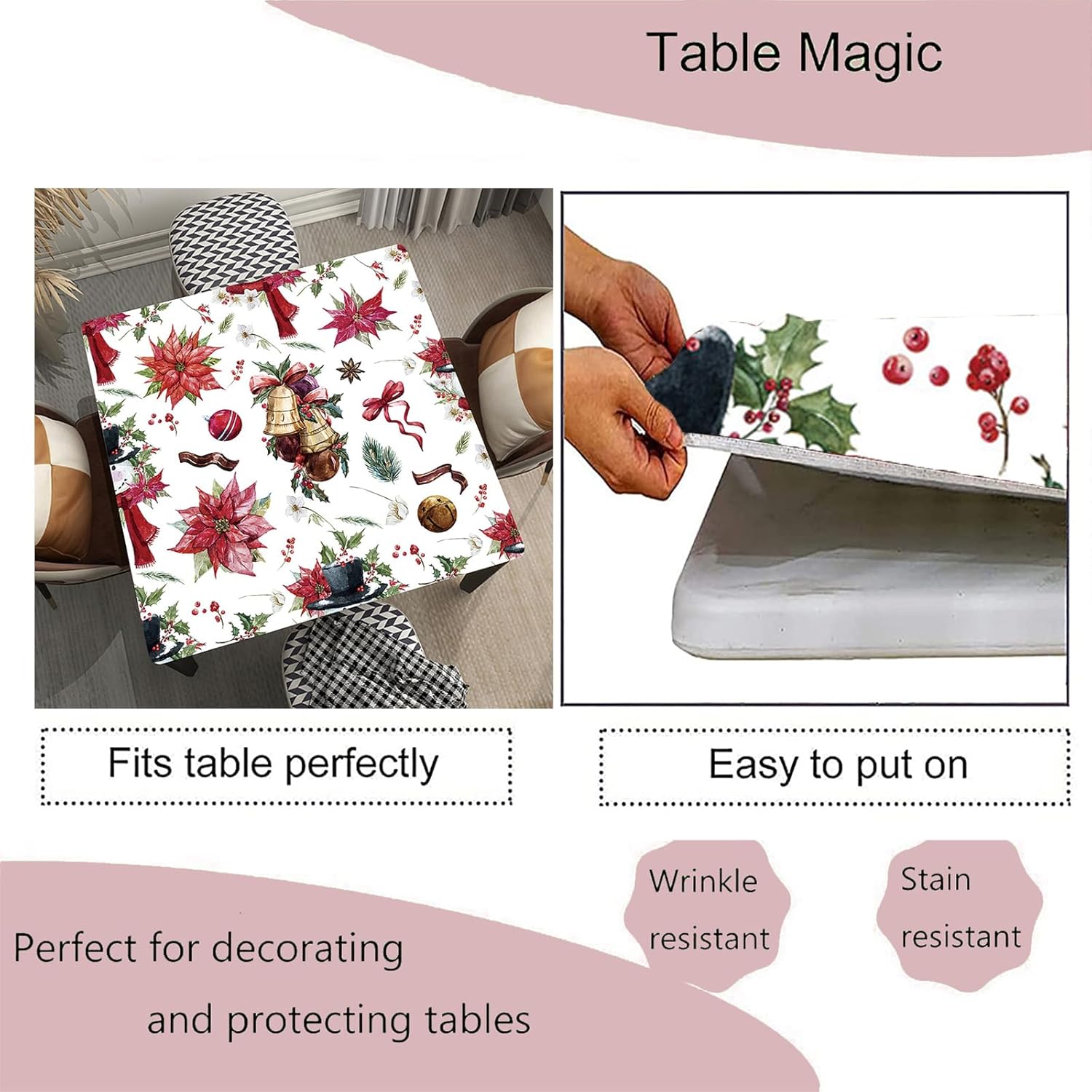 Seamless Christmas Pattern Background Tablecloth Square Elastic Table Cloths Christmas for Kitchen Dining Picnic Party Tables, Fitted for 60"x60" Square Table, Style 51