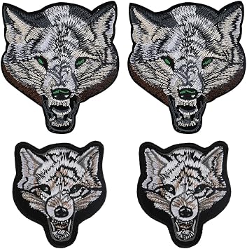 Wolf Iron on Patch 4PCS, Wolf Applique Patch Wolf Head Embroidered Patches for Hat Clothes Bags Jeans 2.48/3.23 Inches - Iron On/Sew On
