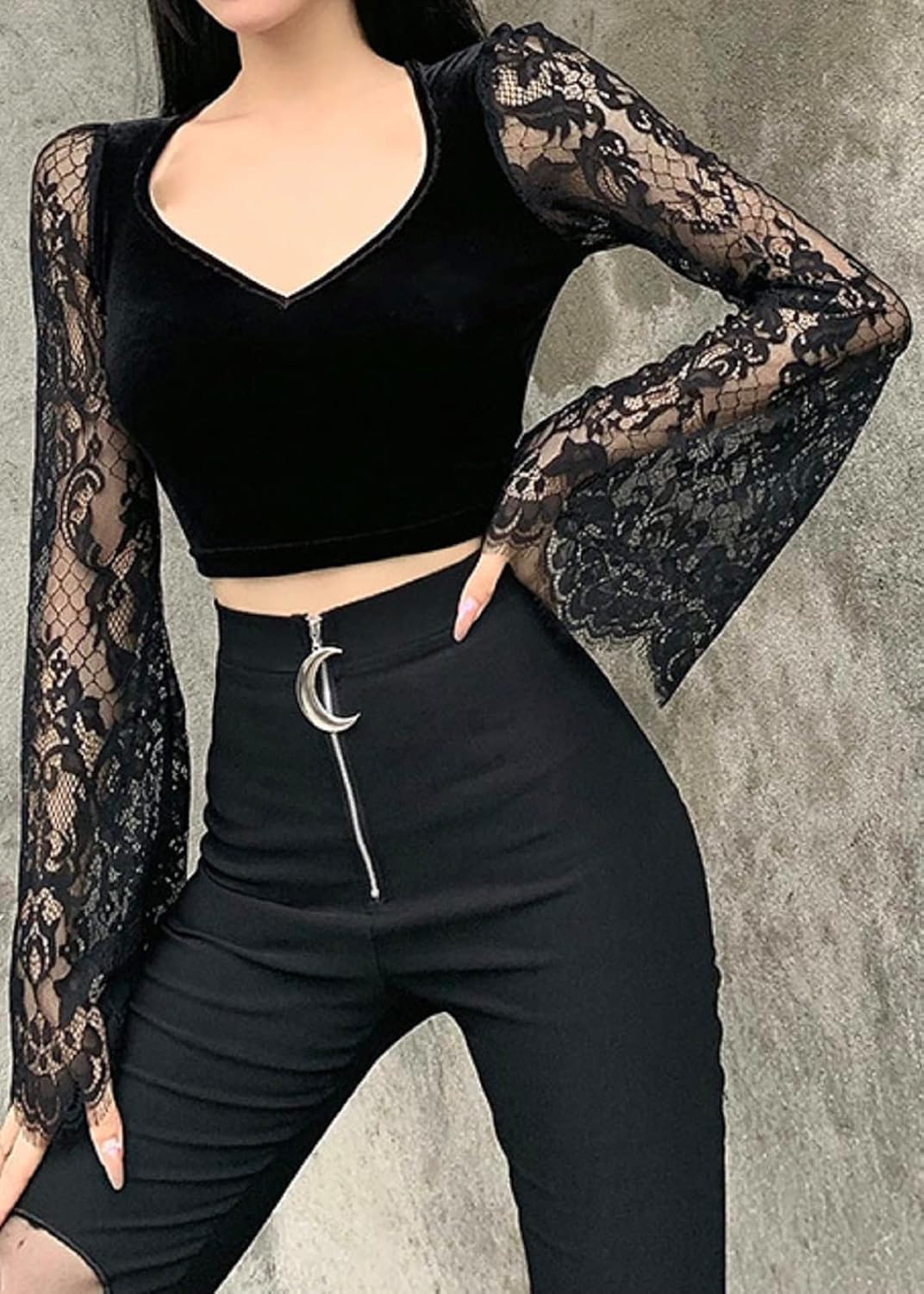 TSMNZMU Womens Gothic Crop Tops - Velvet Lace Long Sleeve V Neck Shirt - Dark Grunge Punk Style
