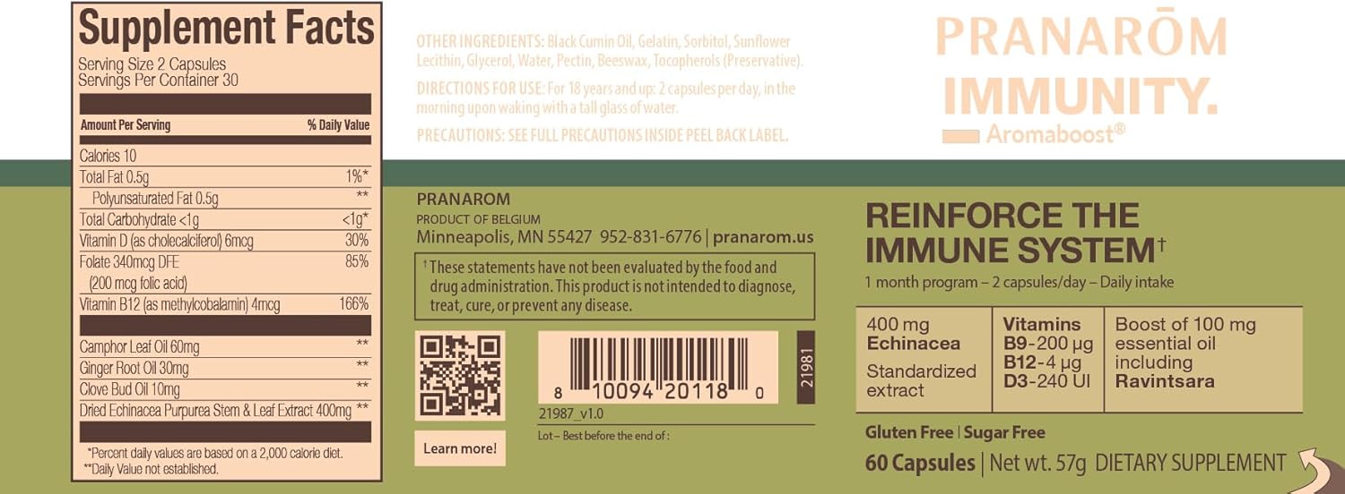 Pranarom - Aromaboost Immunity Herbal Supplement - Black Cumin, Echinacea, Vitamins B9, B12, D3, Pure Ravintsara Essential Oil for Immune Support - 60 Capsules