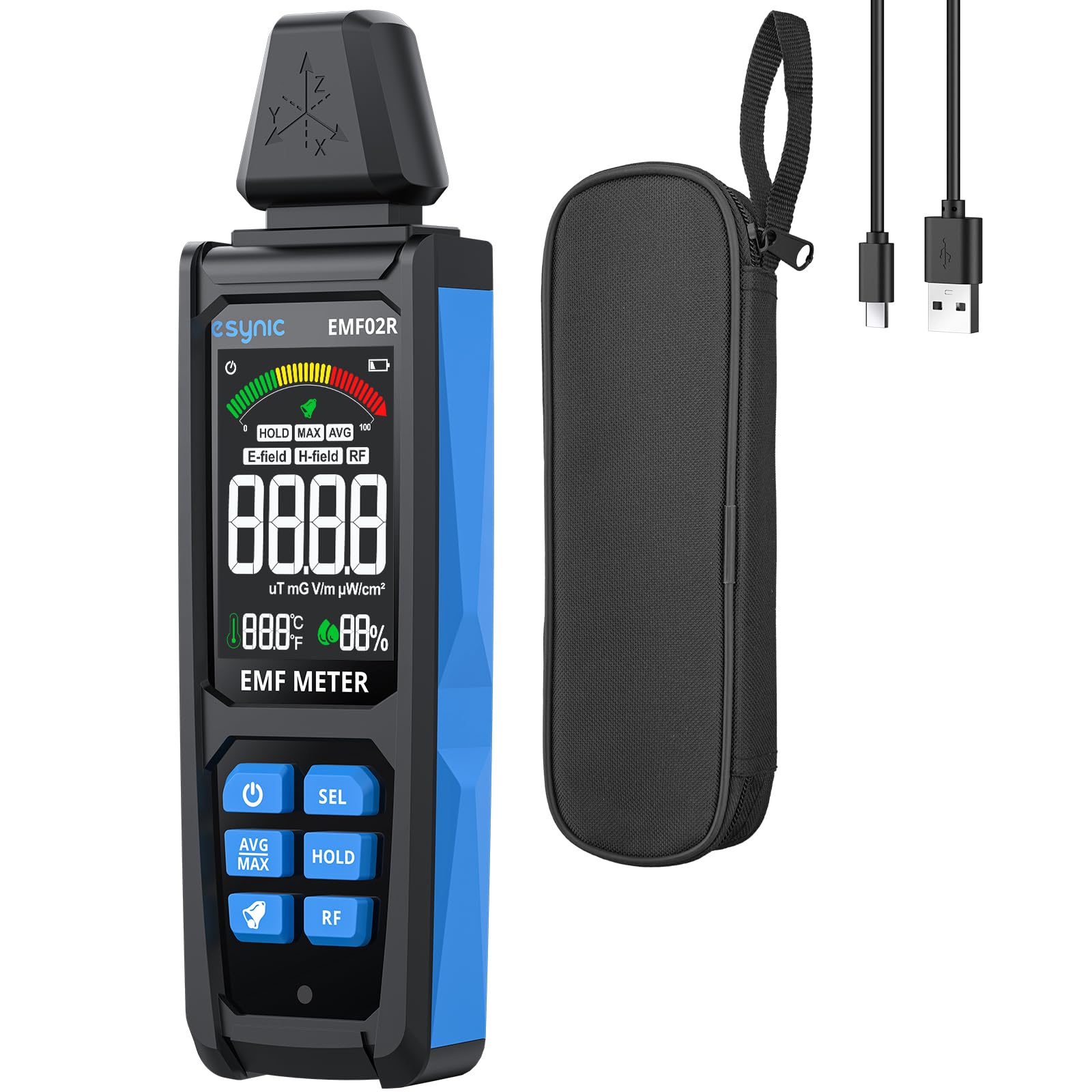 eSynic 5 in 1 Portable Rechargeable EMF Meter Digital Electromagnetic Field Radiation Detector Large with LCD Screen & Alarm Handheld EMF Reader for EF RF MF, WiFi Signal and Ghost Hunting