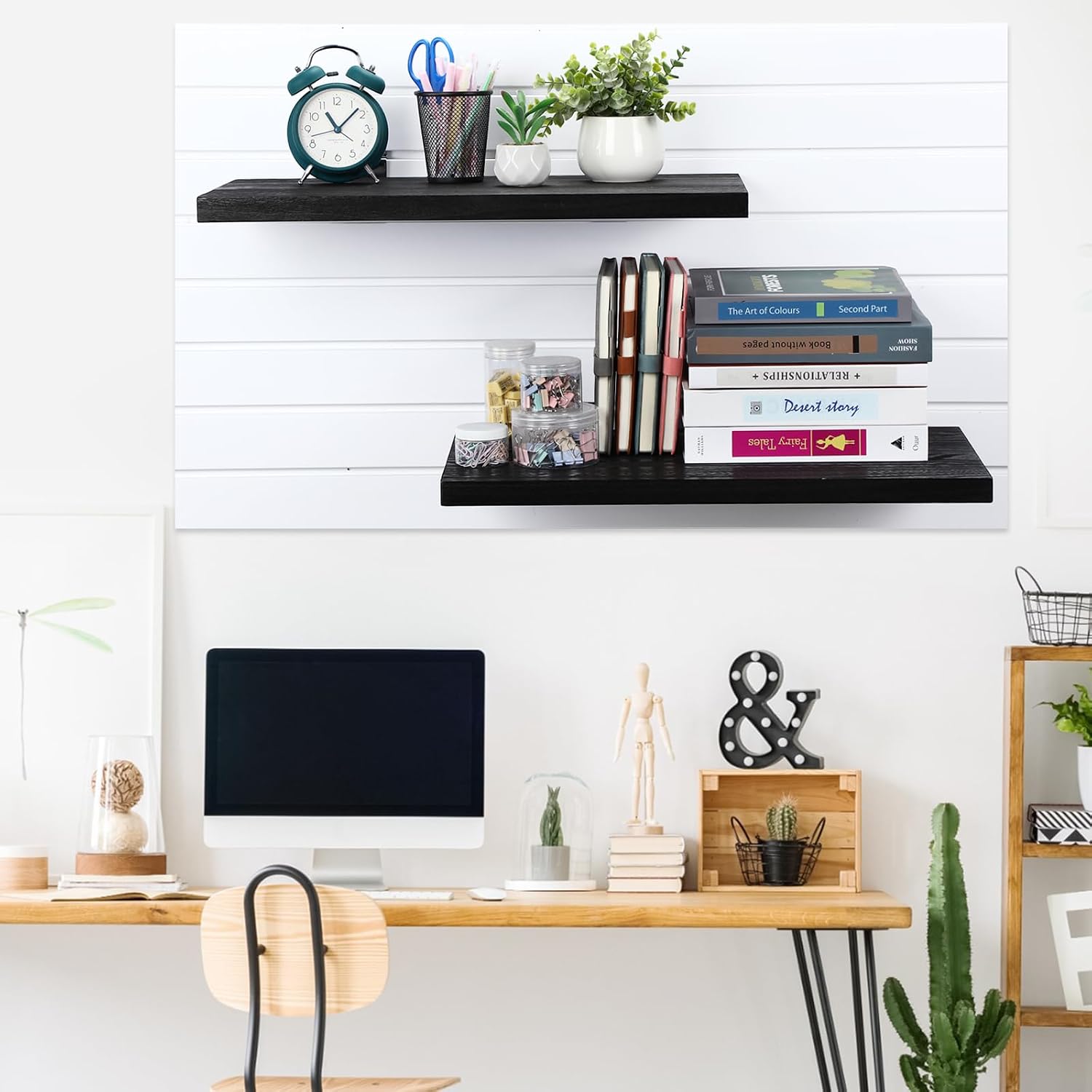 Landical Wooden Floating Shelves for Wall Set of 4, Black Slatwall Shelves with Metal Hooks Accessories for Living Room Garage Home Bedroom Bathroom Kitchen Decor Storage Display 23.6" x 11.8" x 1.1" image 2
