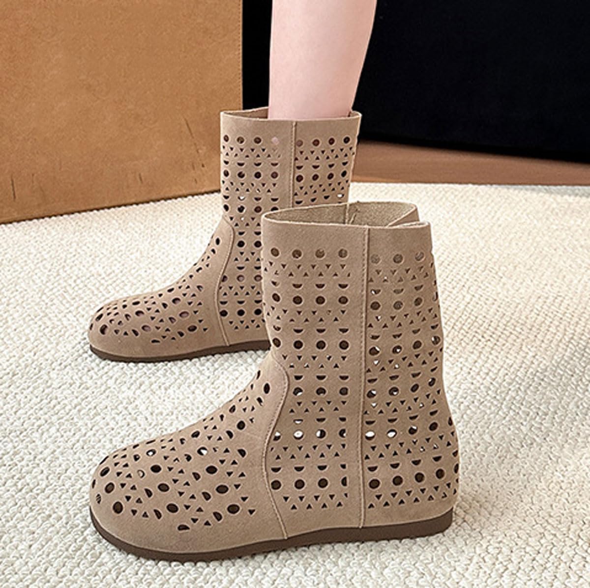 Hollow Out Slouchy Suede Boots for Women Round Toe Solid Color Mid Calf Soft Flat Ankle Boots