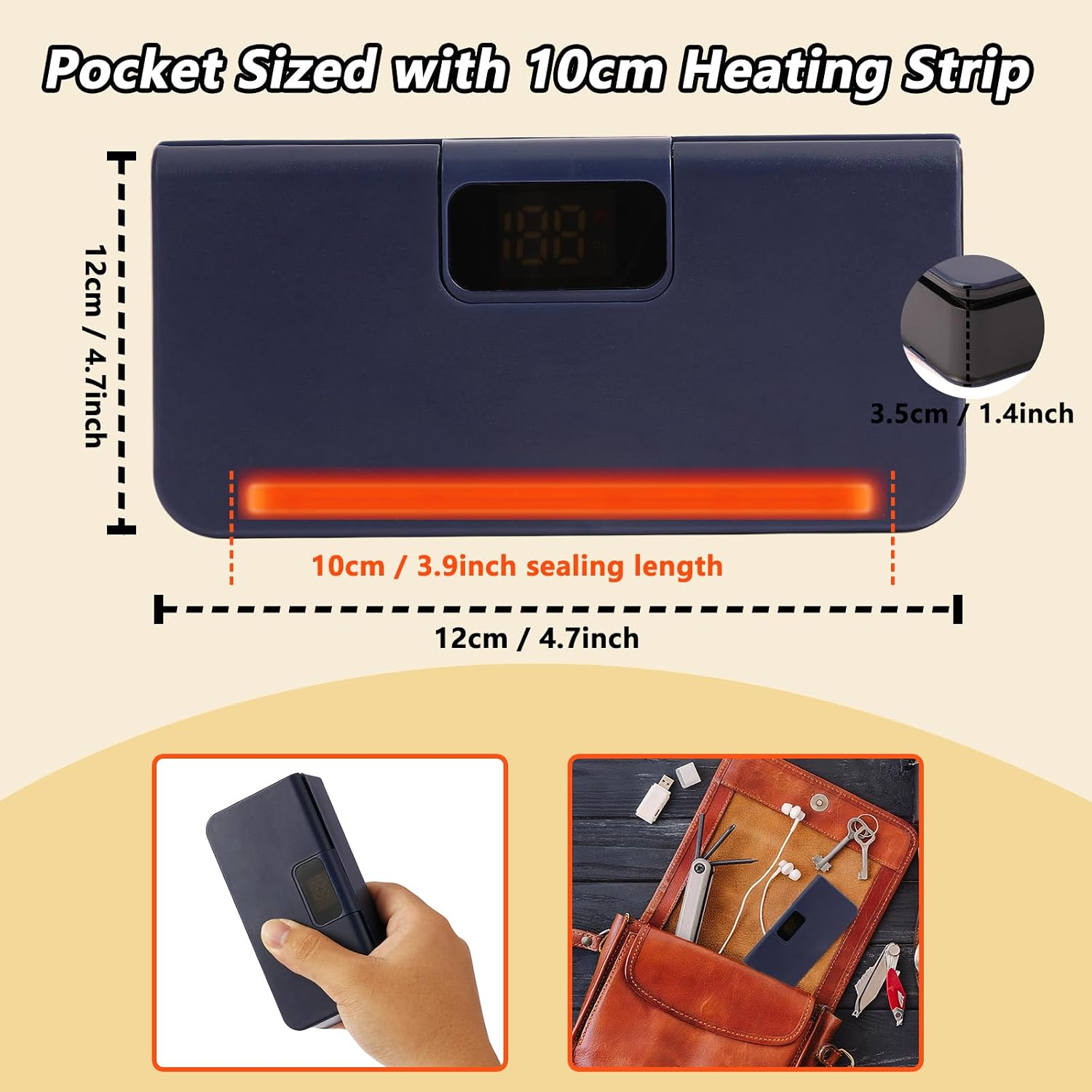 Mini Bag Sealer,Rechargeable Sealer Machine with LED Power Display,Heat Sealer and Cutter with 6 Adjustable Gears,Portable Bag Resealer for Chips Snacks Mylar Bags (Blue) image 3