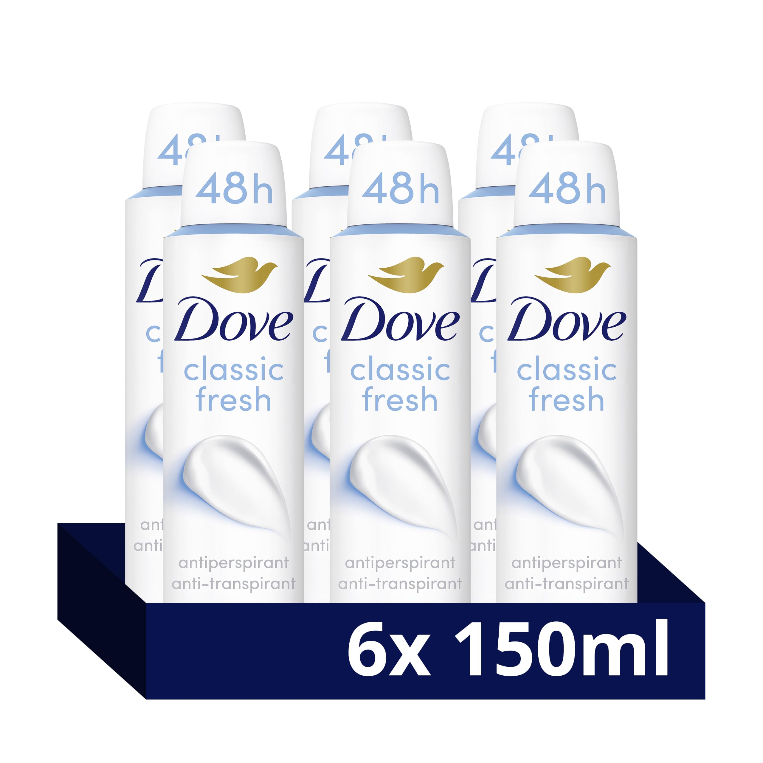 Dove Classic Fresh Women's Antiperspirant Deodorant Body Spray for 48 hour sweat and odour protection with ¼ moisturising cream 150 ml, Pack of 6