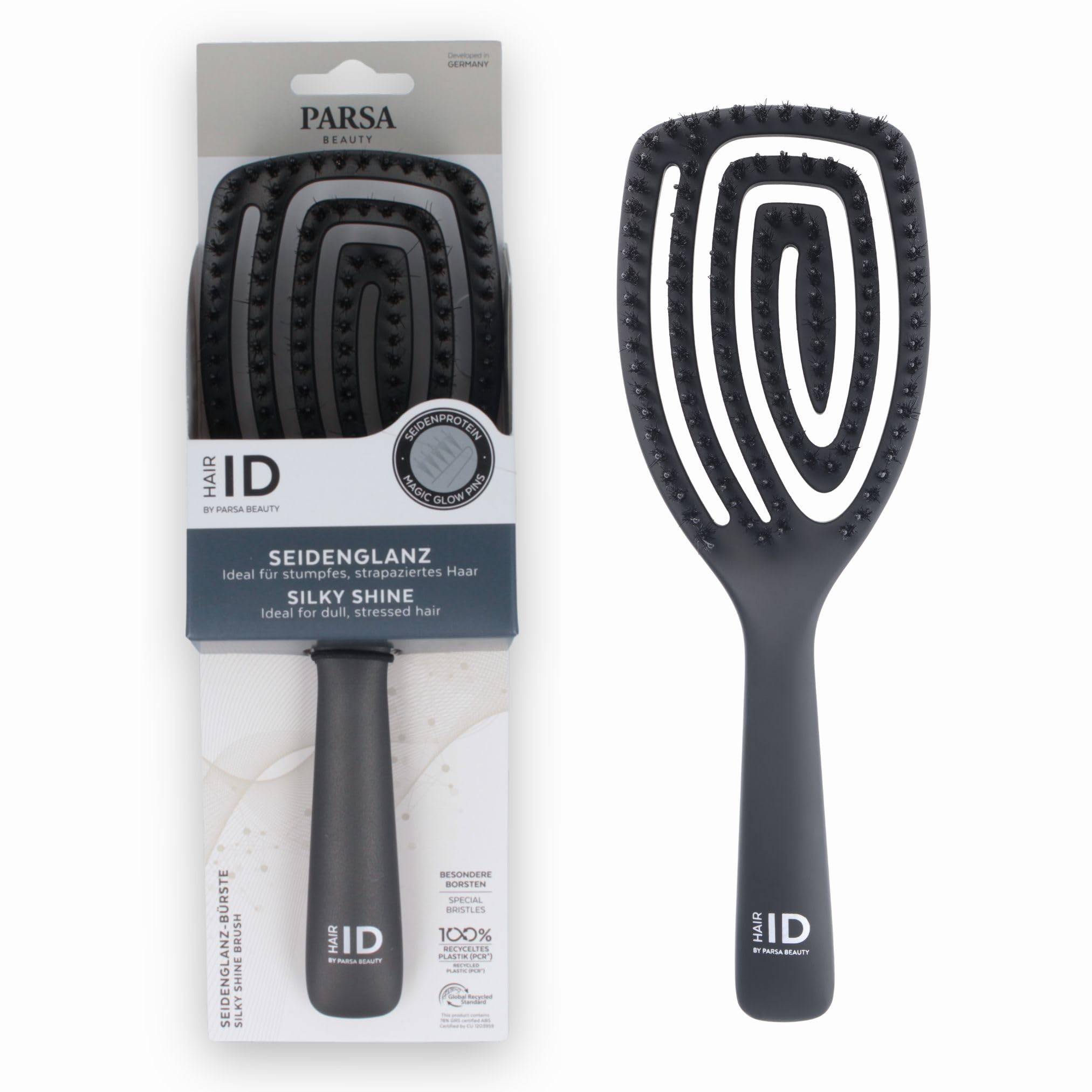 PARSA Beauty Hair ID Silk Shine Spiral Brush - Premium Hair Brush with Magic Glow Natural Bristles & Silk Protein - Flexible Brush Head for Gentle Scalp Massage - Reduces Frizz & Gives Shine