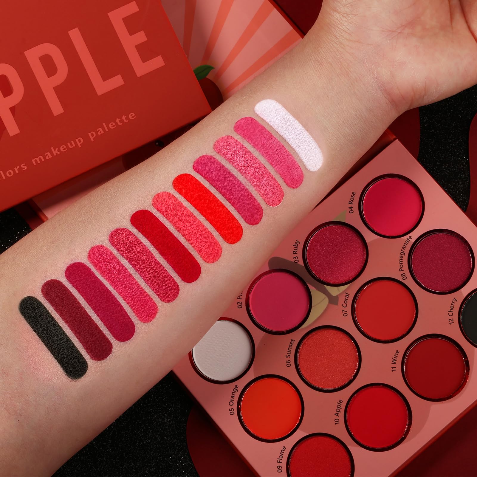Paleta de sombras de ojos rojas, 12 colores mate brillante altamente pigmentado, paleta de maquillaje gótica roja, sombra de ojos brillante burdeos oscuro, rosa, melocotón, blanco, sombra de ojos 4