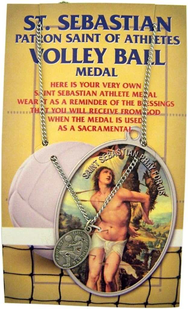 WJH Silver Toned Base Patron of Sports Saint Sebastian Volleyball Athlete Medal, 1 Inch
