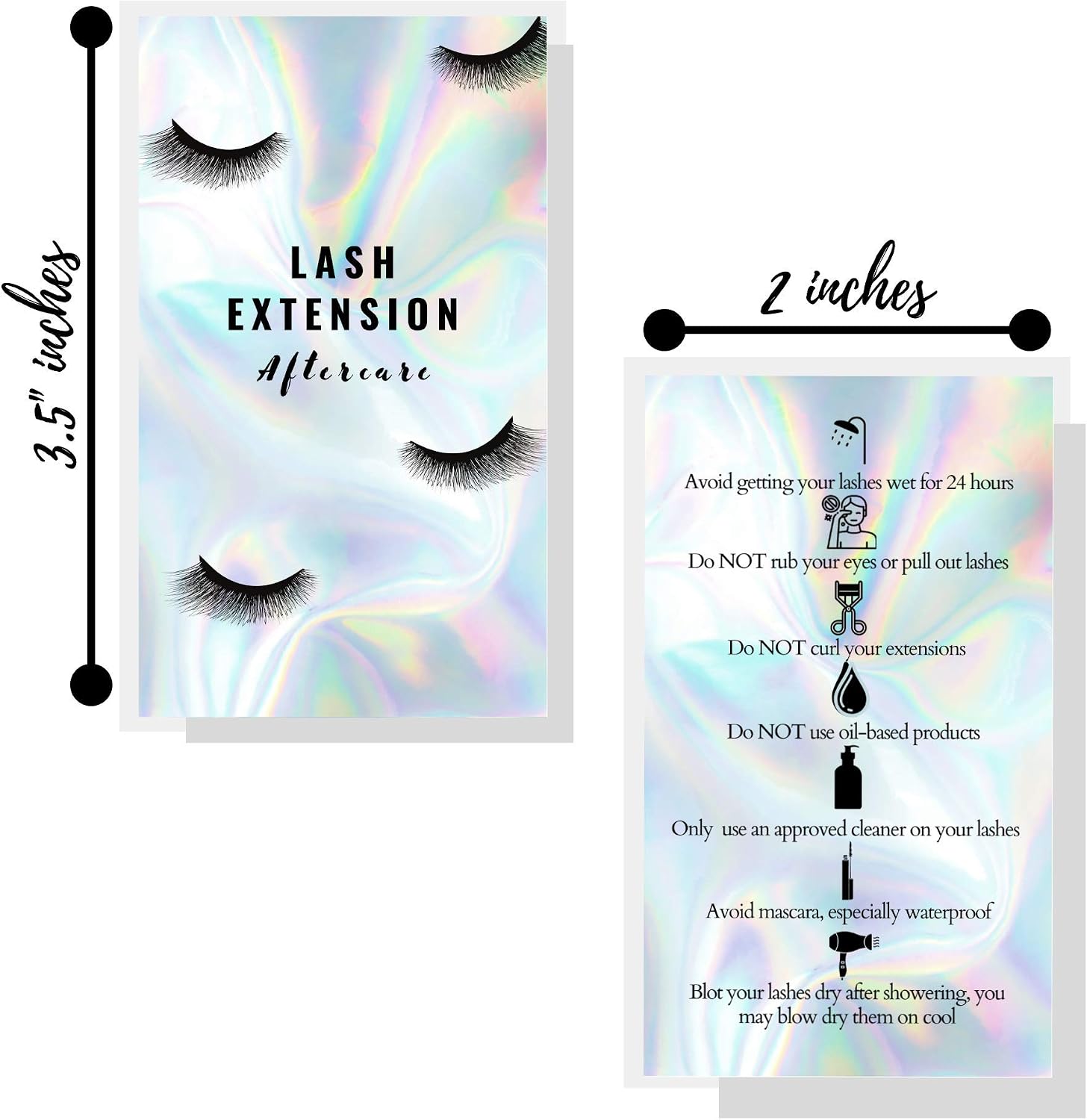 Boutique Marketing LLC Lash Extension Aftercare Instructions Cards,50 Pack,Double Sided Size 3.5 x 2 inch inches After Care,Holographic Look with Icons