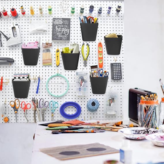 Large Pegboard Cups, 6Pack Peg Board Square Storage Bins With Hooks (Black)