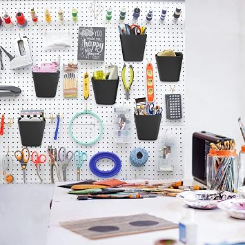 Large Pegboard Cups, 6Pack Peg Board Square Storage Bins With Hooks (Black)