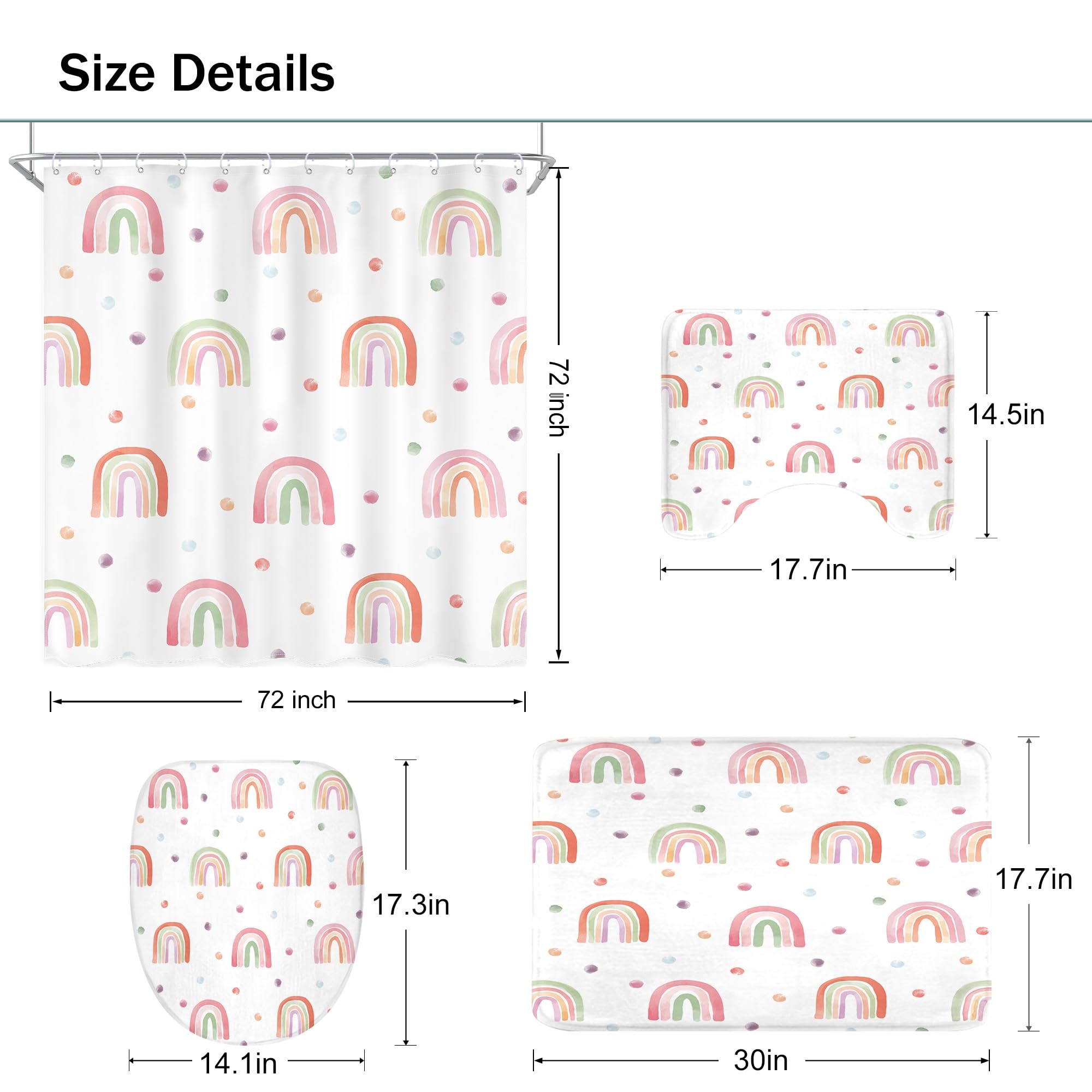 Cute Rainbow Shower Curtain for Girls - Pink Bathroom Set -5