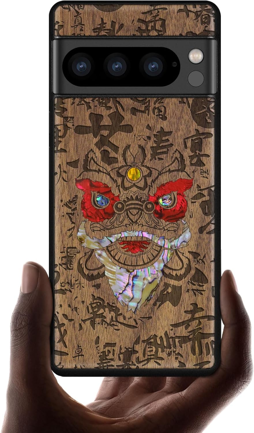 Carveit Designer Wooden Case for Google Pixel 8 Pro Case Cover [Wood Engraving & Shell Inlay] Compatible with Wireless Chargers Pixel 8 Pro (Chinese Lion Dance-Walnut)