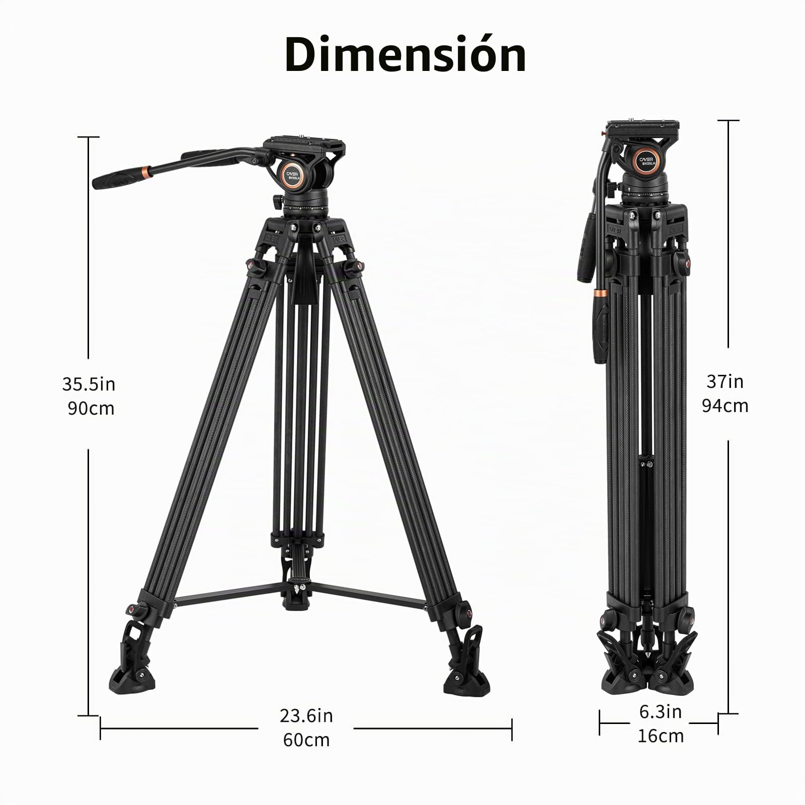 Cayer Sistema de trípode de Video BV25LH, Kit de trípode de cámara Profesional Resistente de Fibra de Carbono de 74 Pulgadas, Carga máxima de 13,2 LB